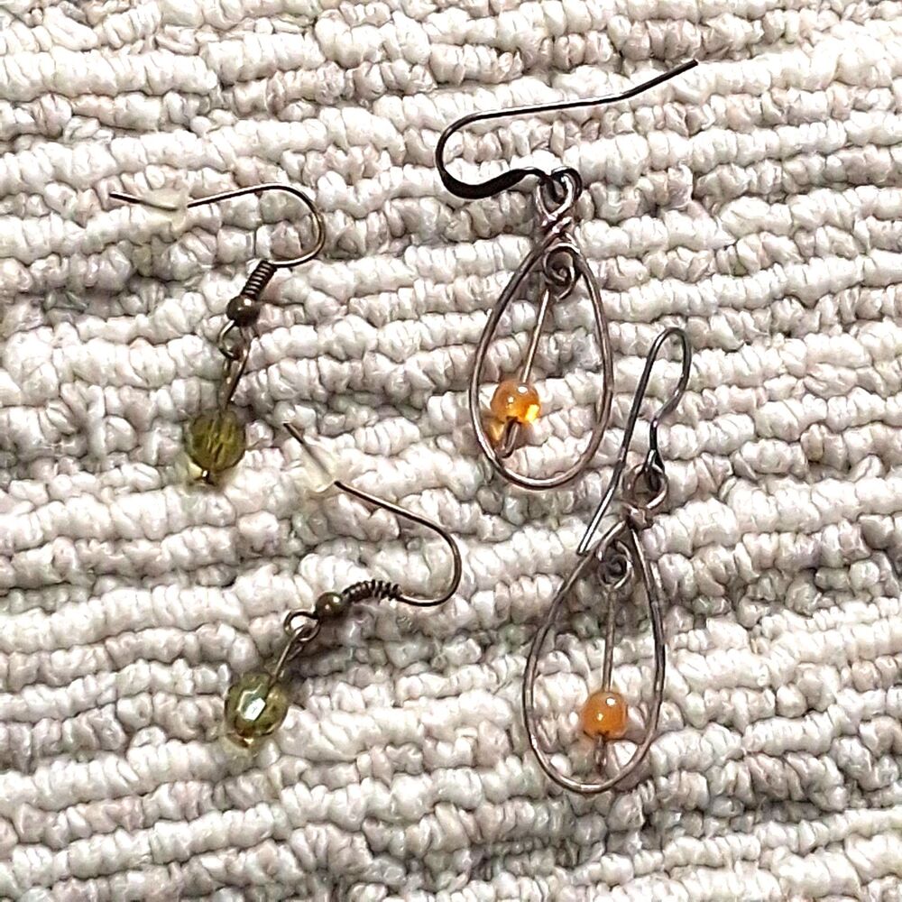 earring lot 2 pairs bead dangle fishhook green bead amber wire teardrop boho set